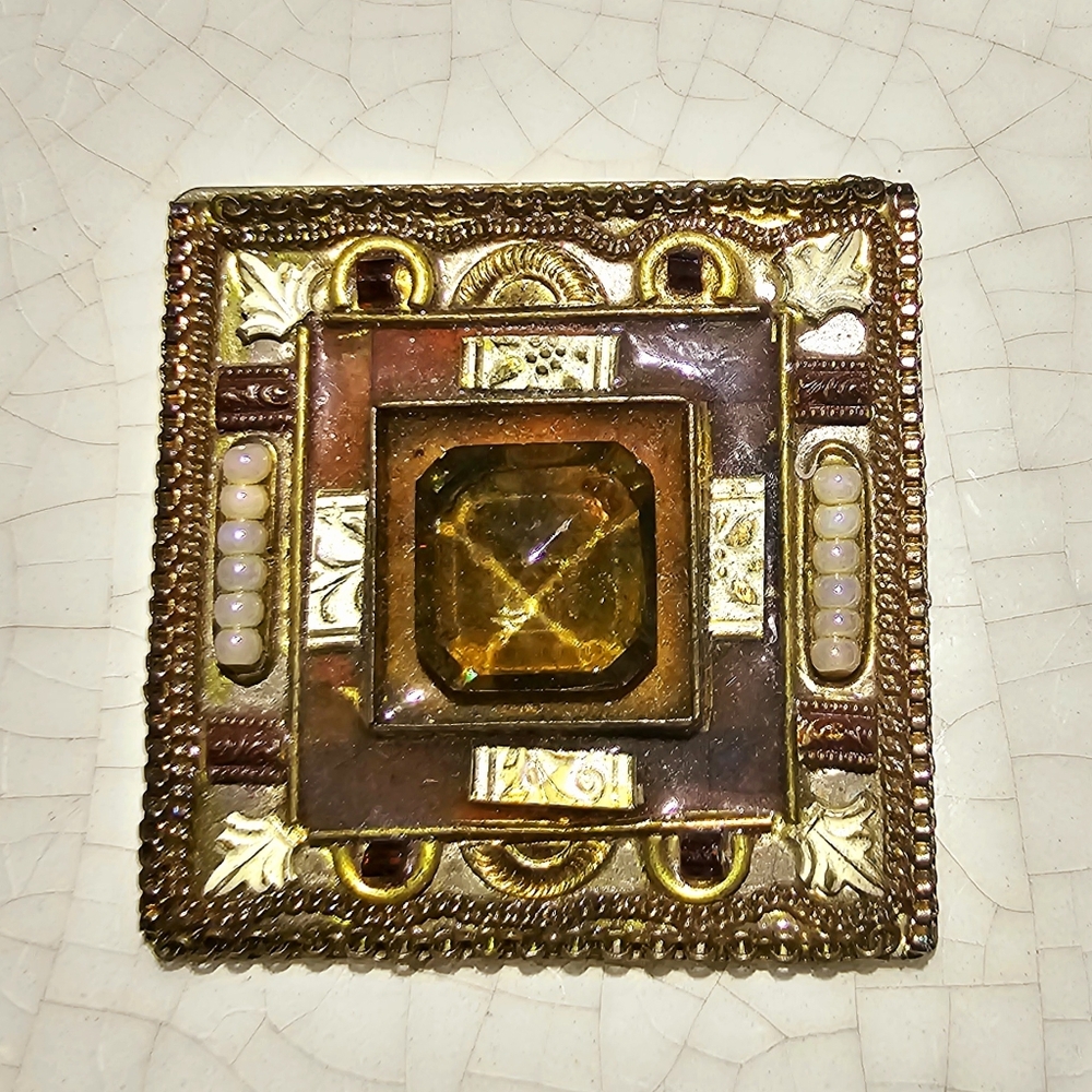 Modern art deco amber stone enameled brown square brooch luxury Egyptian Revival